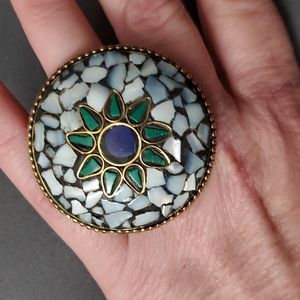 New Oversized Tribal Lapis Lazuli, Malachite, Shell Inlay Adjustable Brass Ring.